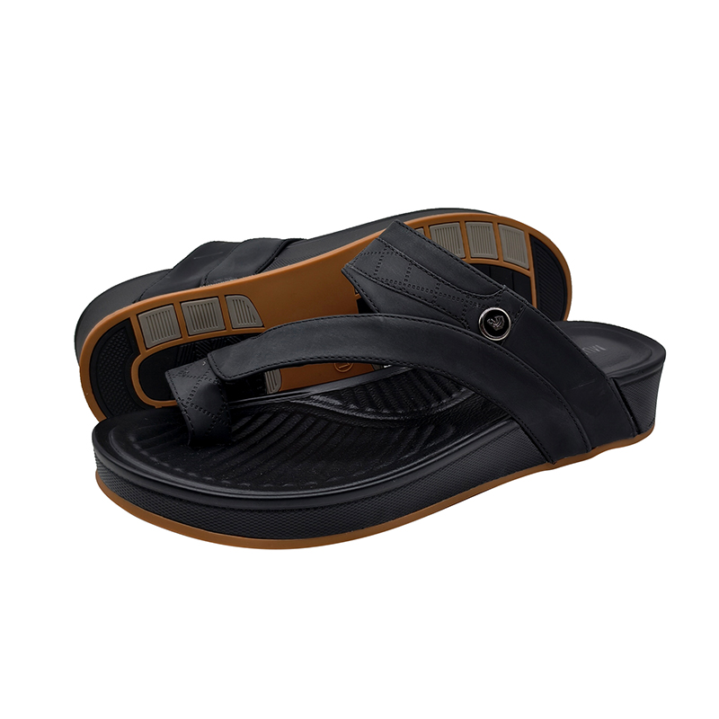 Men's black PU leather sandals with lightweight EVA soles