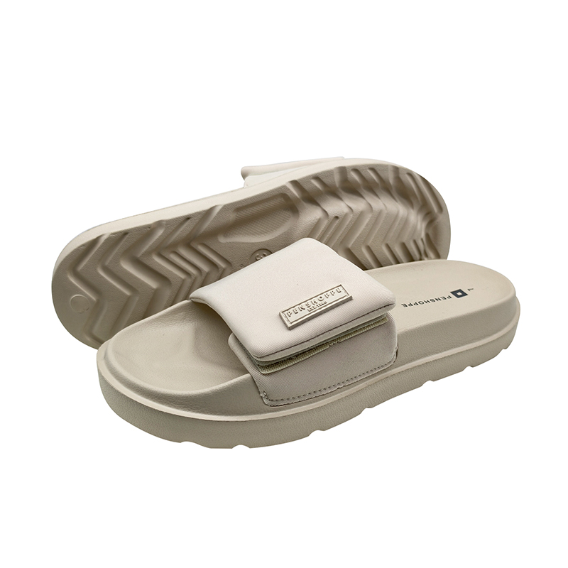 Beige adjustable PU slides with lightweight EVA soles