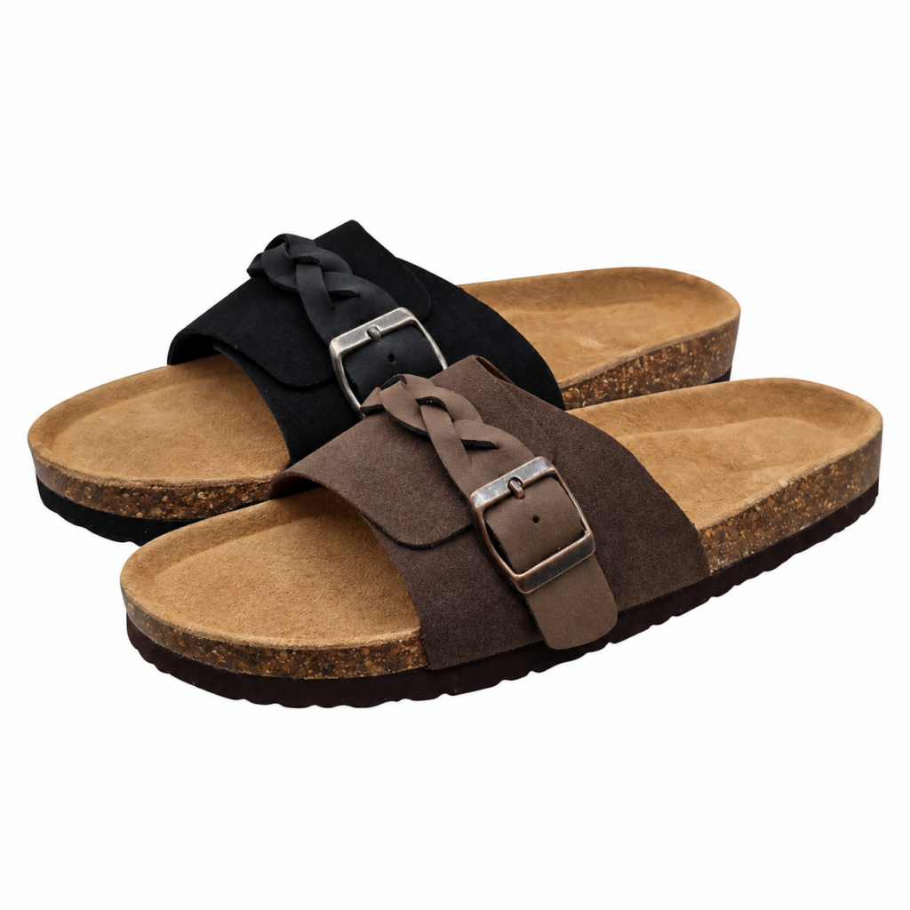 Wholesale unisex cork sandals with braided PU leather straps and metal buckles