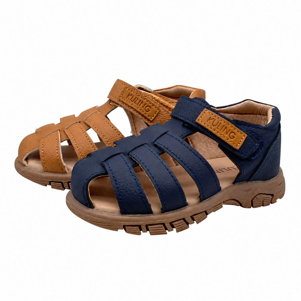 Kids PU leather sandals with EVA soles in brown and navy blue
