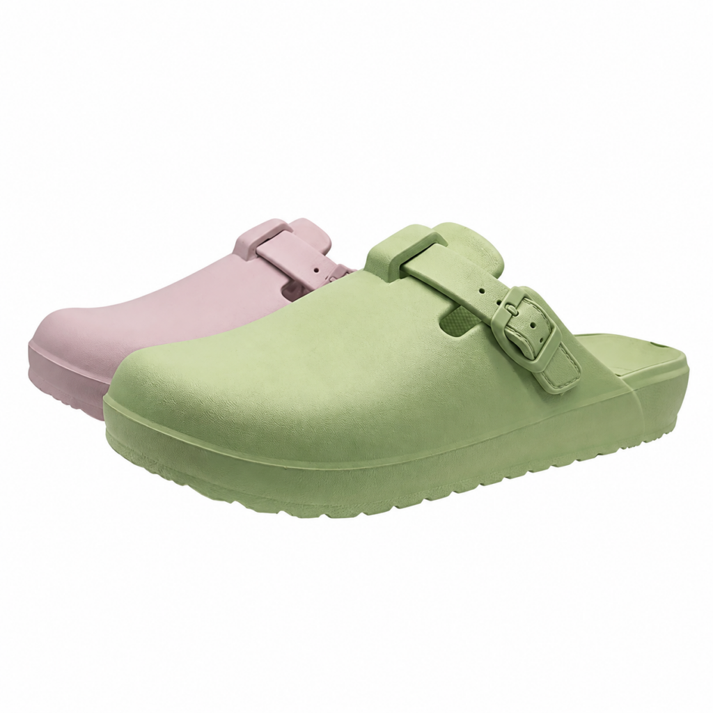 Wholesale EVA nurse clogs with adjustable heel straps in pink and green