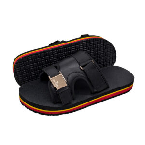 Men's black double strap PU slide slippers with EVA soles and red yellow accents