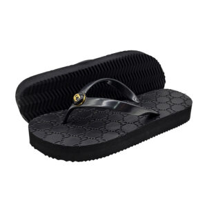 Women's black platform flip flops with textured PU straps and EVA soles.
