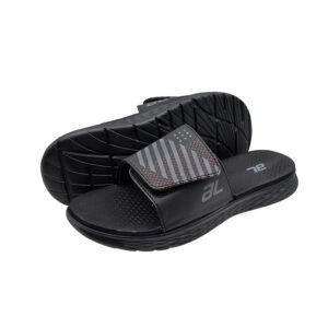 Men's black massage slide sandals with patterned PU upper and EVA sole