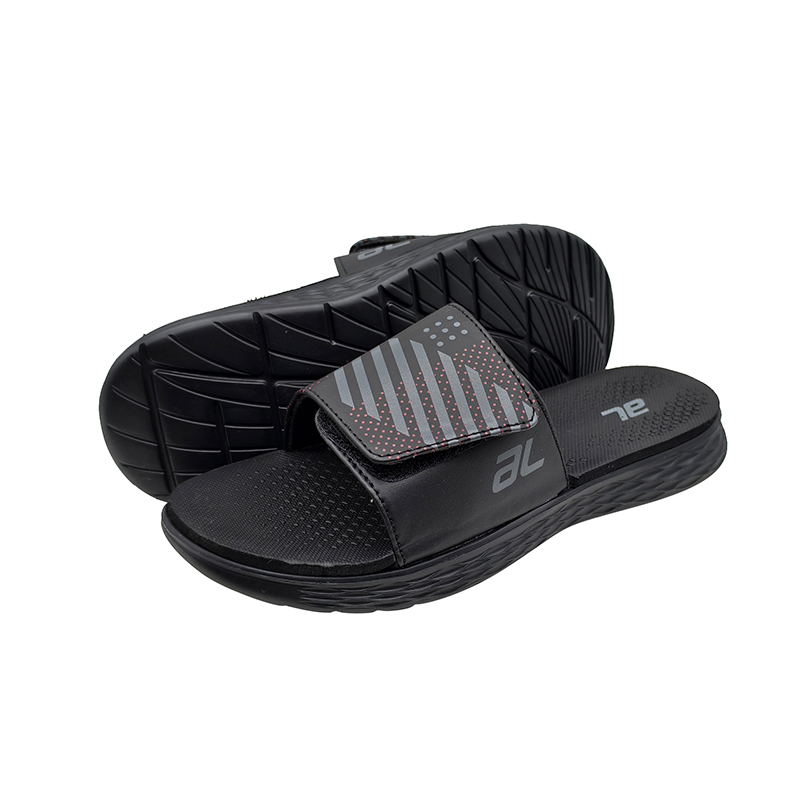 Men's black massage slide sandals with patterned PU upper and EVA sole