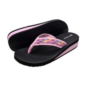 Women's black EVA wedge flip flops with patterned pink fabric straps