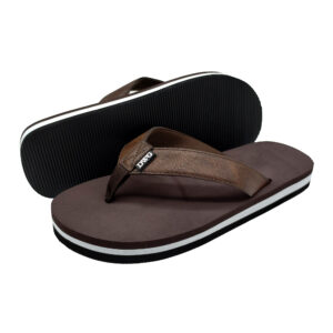 Men's brown PU strap flip flops with EVA soles and a black-and-white midsole stripe