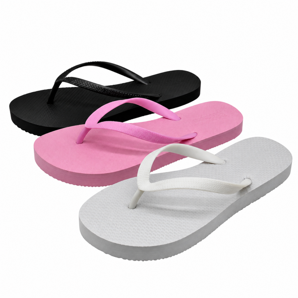 Women's EVA flip flops with PVC straps in black, pink, and white for wholesale.