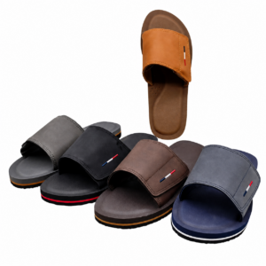 Men's PU slide sandals in multiple colors with wide straps and contrasting EVA soles