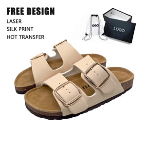 Custom Two-Buckle Cork Slide Slippers Unisex PU Leather Wholesale