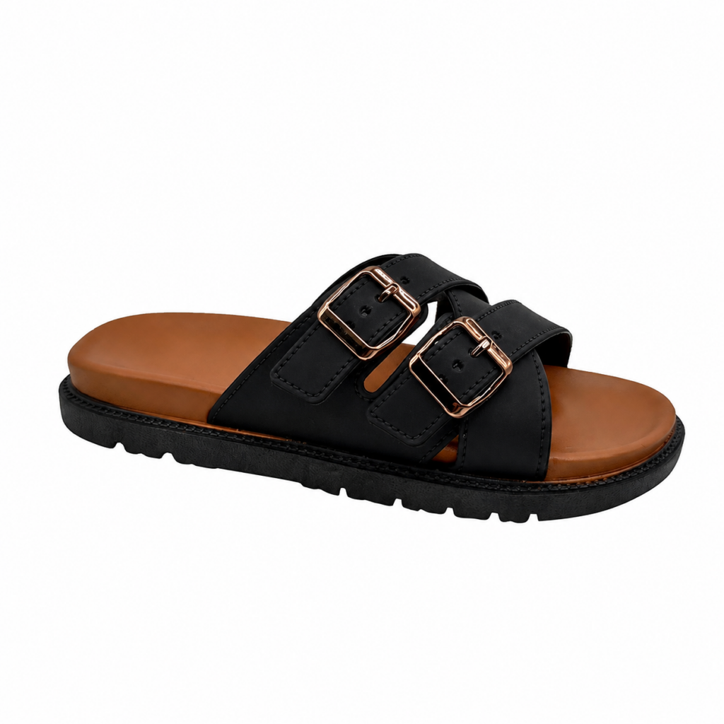 Women's black double buckle slide sandals with PU straps, brown footbed, and TPR PVC sole