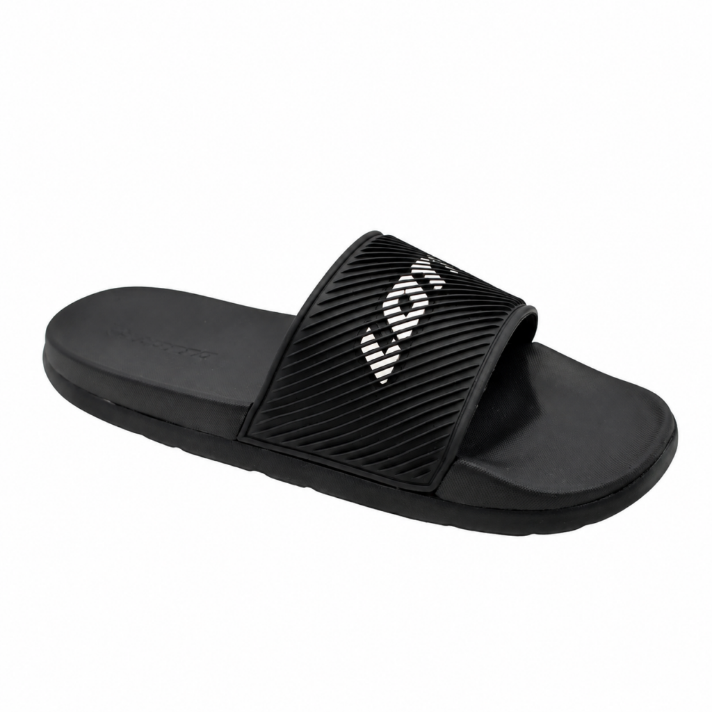 Black beach slide sandals with ribbed PU upper and lightweight EVA sole