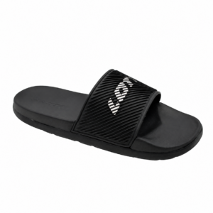 Black beach slide sandals with ribbed PU upper and lightweight EVA sole