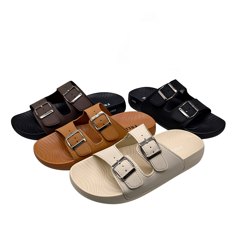 PU Leather Double Strap Slides with PVC Sole Women Wholesale