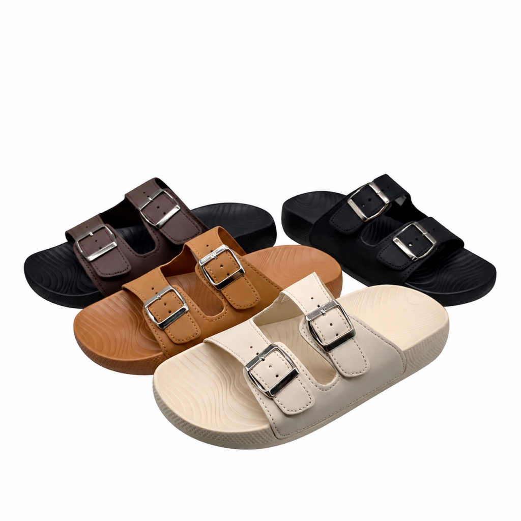 Women's Double Strap PU Slide Sandals with Buckle Closures